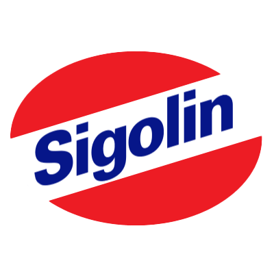 Sigolin Logo - Schriftzug in Blau auf rot-weissem Hintergrund